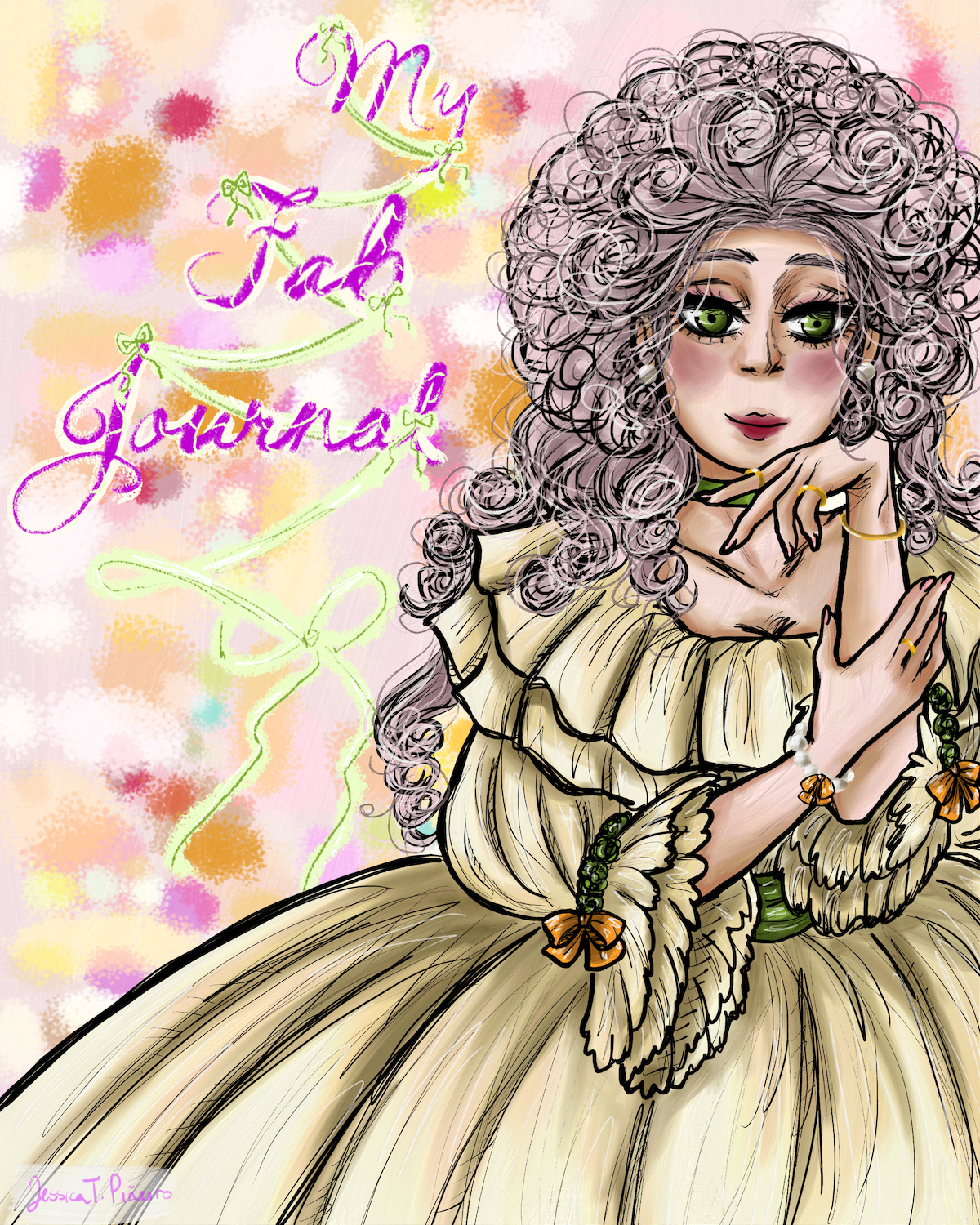 Illustration for journal cover featuring woman in Marie Antoinette-inspired dress