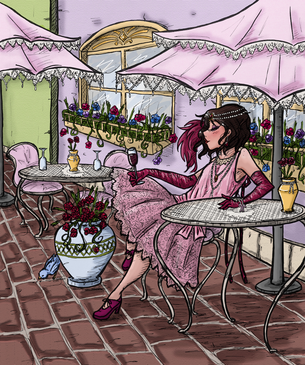 young woman in flapper attire sitting at bistro table