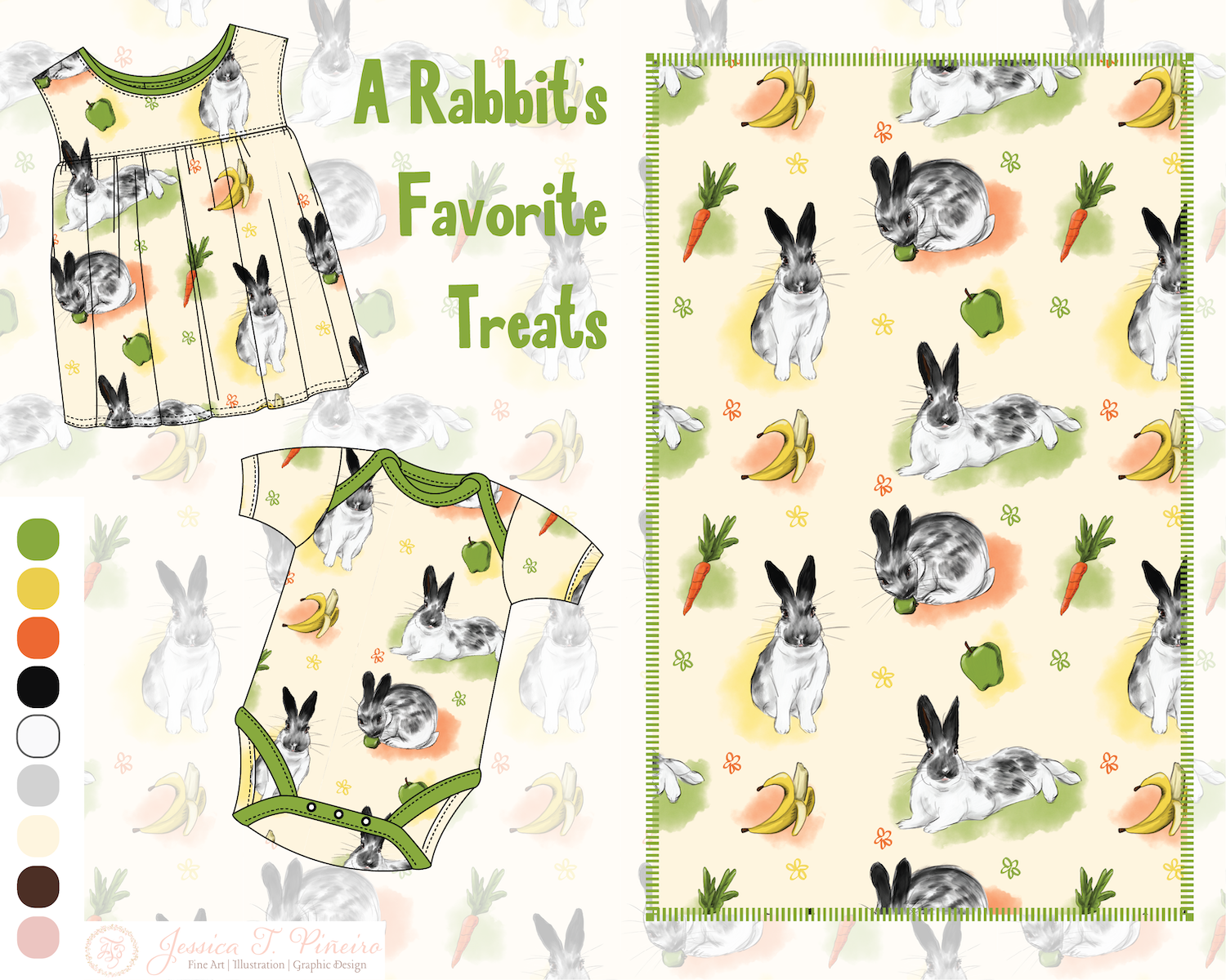 black and white rabbit with apple carrot banana repeating fabric pattern